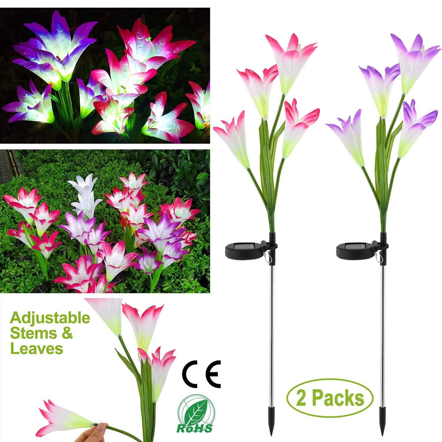 2-Pack Solar Lily Garden Lights for Outdoor Pathways, Patios & Flower Beds