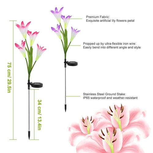 2-Pack Solar Lily Garden Lights for Outdoor Pathways, Patios & Flower Beds