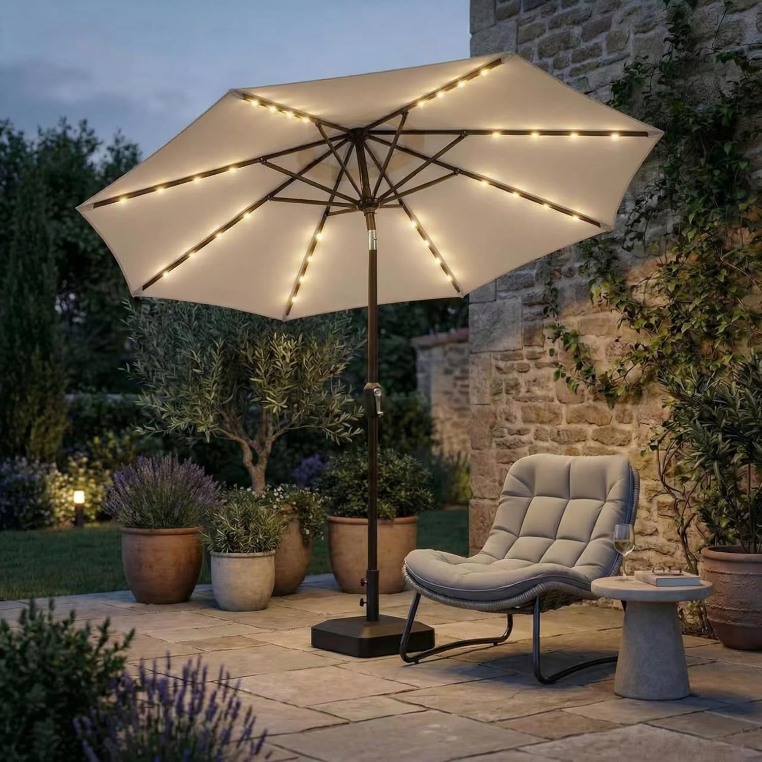 Nine Foot Outdoor Patio Umbrella With Solar Lighting