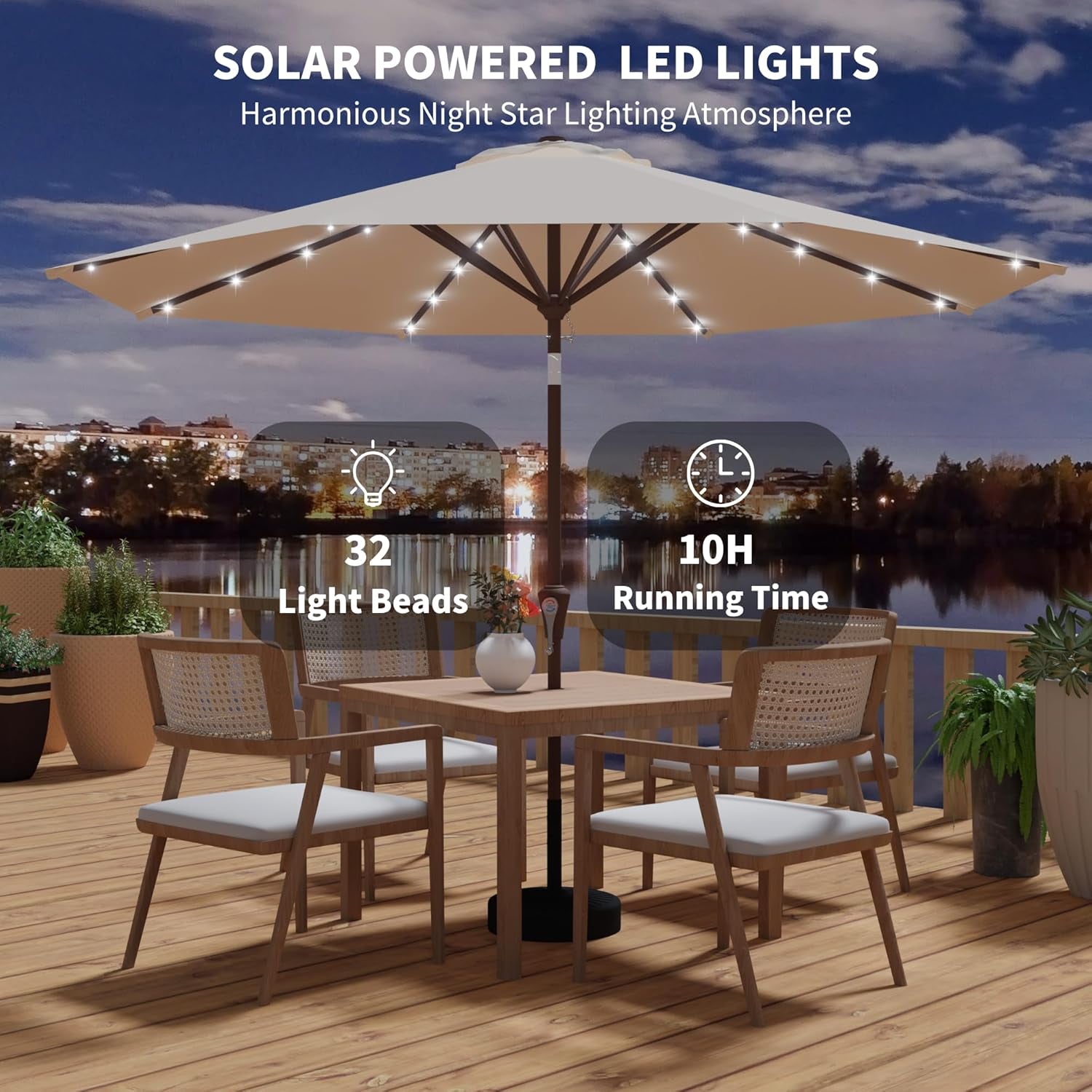 Nine Foot Outdoor Patio Umbrella With Solar Lighting