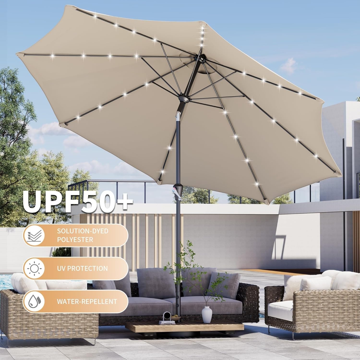 Nine Foot Outdoor Patio Umbrella With Solar Lighting