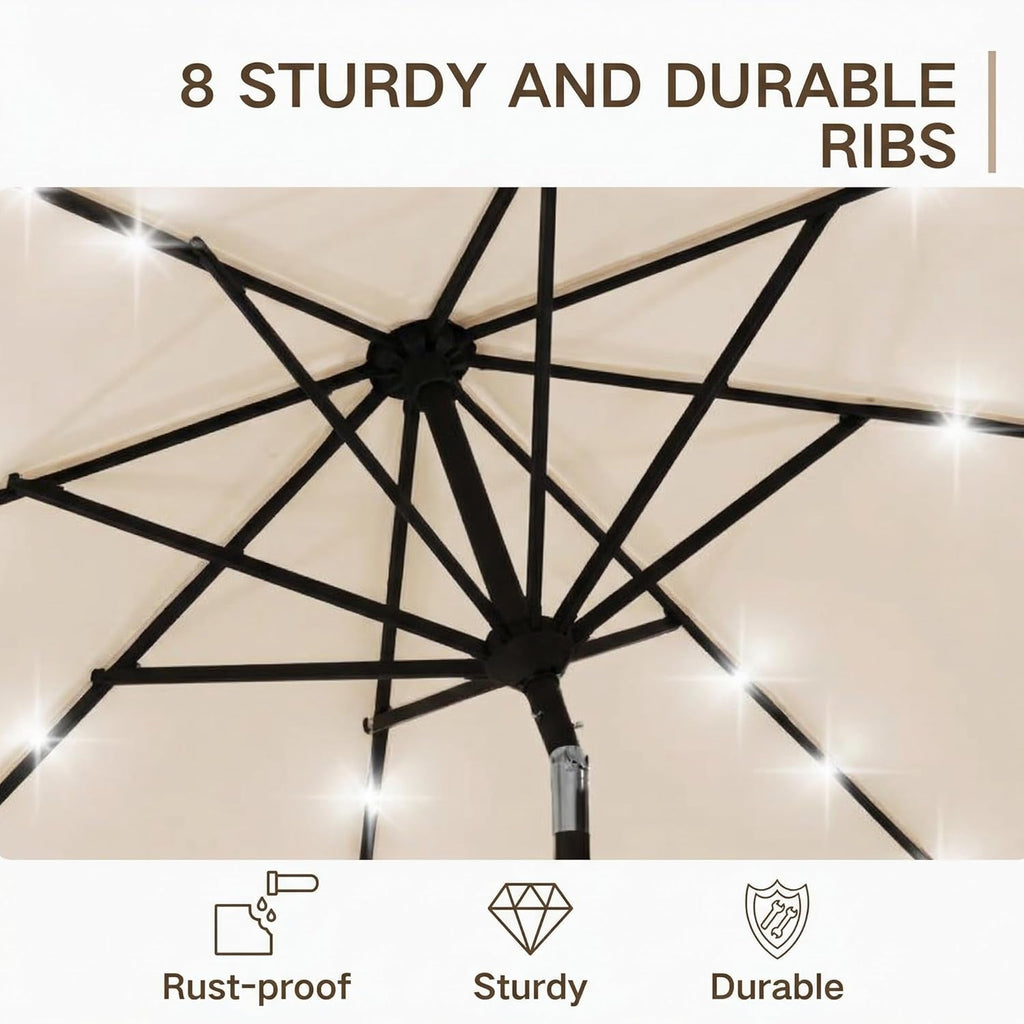 Nine Foot Outdoor Patio Umbrella With Solar Lighting