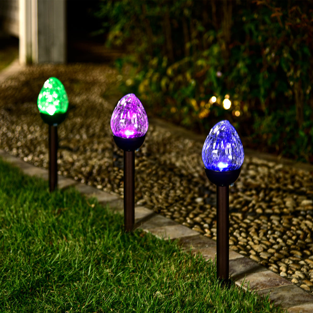 NoWire ColorGlow Solar Crackle Glass Path Lights – 3 Pack