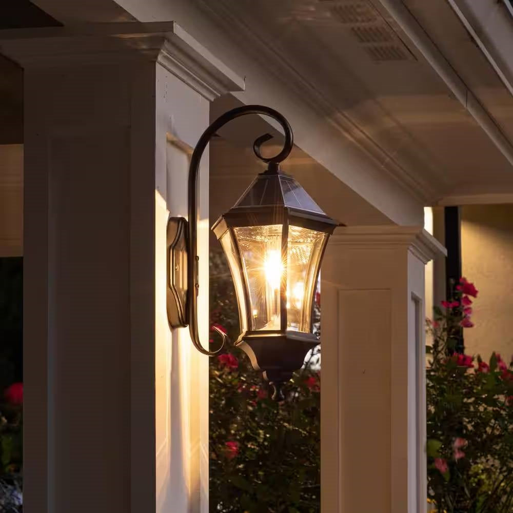 NoWire Haven Solar Farmhouse Wall Lantern – Black Finish