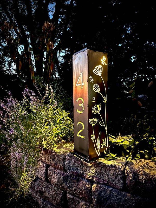 NoWire Wildflower Custom Metal Home Address Solar Pillar (Heavy-Duty Steel Sconce)